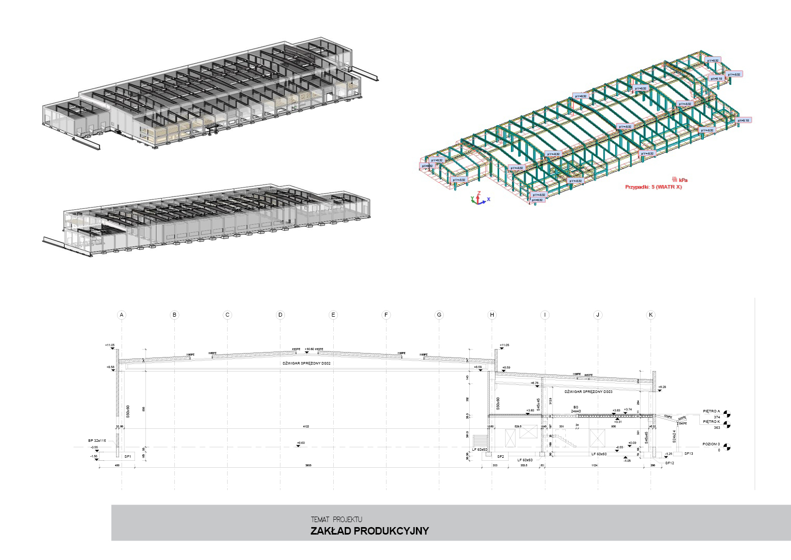 Projekt hali produkcyjnej: wizualizacja 3D konstrukcji stalowej z elementami dźwigarów sprężonych i detalami technicznymi, przekroje budynku z wymiarami.