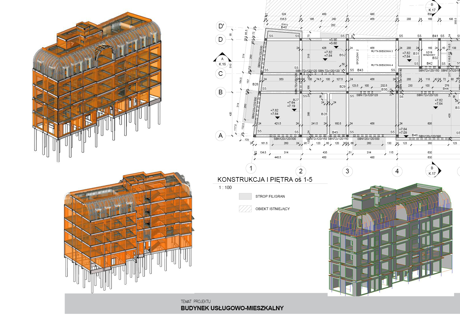 Rzut izometryczny budynku usługowo-mieszkalnego z widoczną konstrukcją i piętrami. Plan architektoniczny z wymiarami i oznaczeniami konstrukcyjnymi.