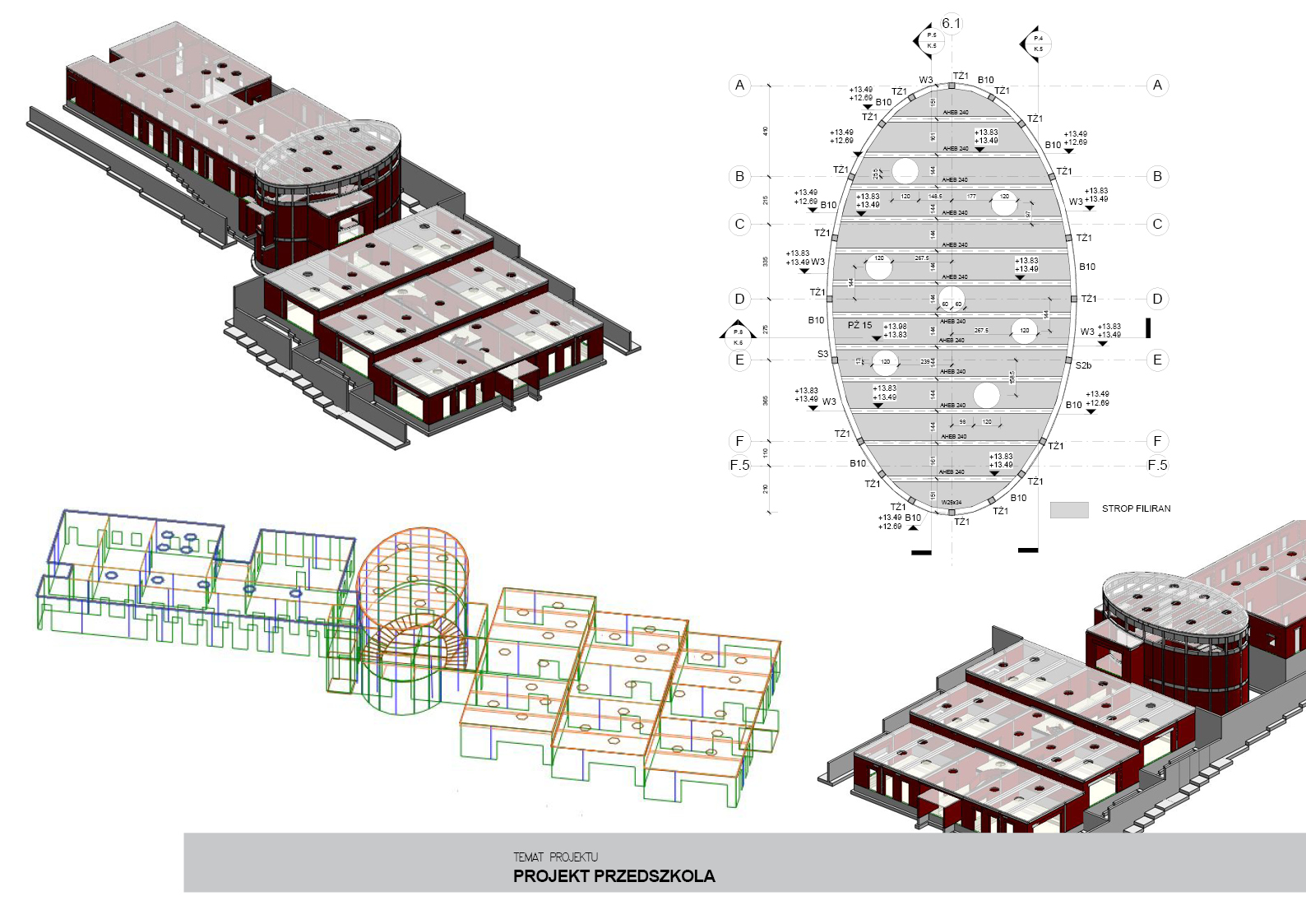 Projekt przedszkola: wizualizacja 3D z rzutami kondygnacji i przekrojami, prezentująca układ funkcjonalny i rozwiązania konstrukcyjne obiektu.
