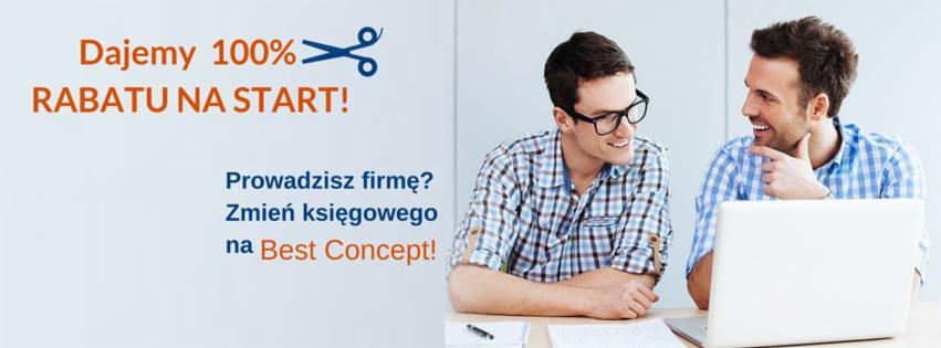 Dwóch uśmiechniętych mężczyzn przy laptopie, obok reklama: 100% rabatu na start, zmień księgowego na Best Concept. Oferta dla firm.