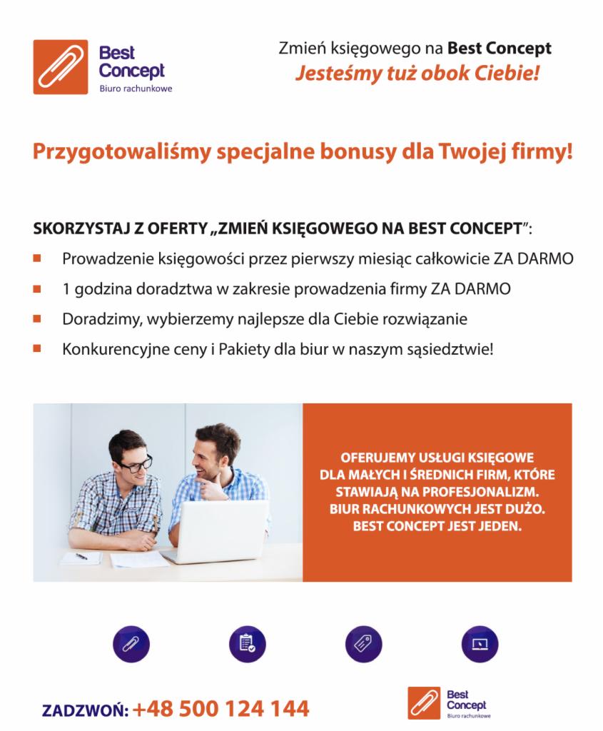 Oferta biura rachunkowego Best Concept: darmowe prowadzenie księgowości, doradztwo. Dwóch mężczyzn przy laptopie, logo firmy, numer telefonu.