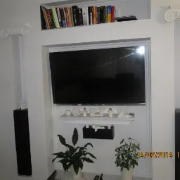 Eleganckie wykończenie wnęki TV z kolumnami i półkami. Klasyczne detale, subtelne oświetlenie, rośliny doniczkowe dodają świeżości. W tle widoczny sprzęt audio.