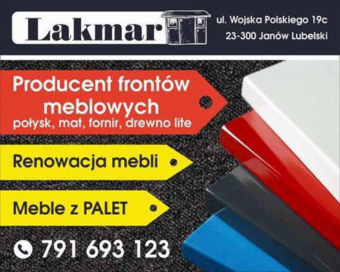 Reklama firmy Lakmar: producent frontów meblowych (połysk, mat, fornir, drewno lite), renowacja mebli, meble z palet. Kontakt: 791 693 123, Janów Lubelski.