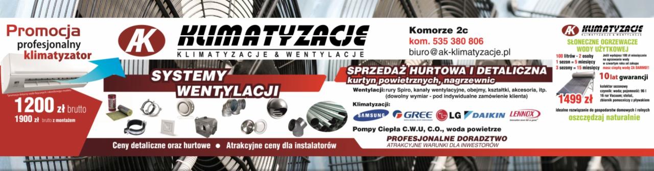 Baner reklamowy firmy AK Klimatyzacje z ofertą klimatyzacji, wentylacji i kolektorów słonecznych. Widoczne logo firmy, ceny promocyjne i marki urządzeń.