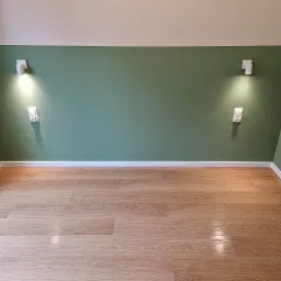 Ściana pomalowana na oliwkowy kolor z białymi listwami przypodłogowymi i dwoma kinkietami po bokach, jasna drewniana podłoga.