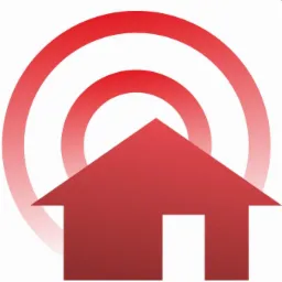 Czerwony ikoniczny dom z trzema koncentrycznymi okręgami w tle, sugerujący zasięg lub sygnał, na białym tle. Grafika wektorowa, gradient czerwieni.