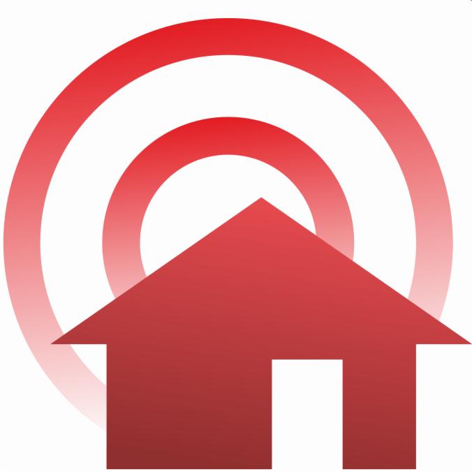 Czerwony ikoniczny dom z trzema koncentrycznymi okręgami w tle, sugerujący zasięg lub sygnał, na białym tle. Grafika wektorowa, gradient czerwieni.