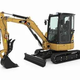 Nowoczesna, żółta minikoparka CAT z łyżką i chwytakiem, prezentowana na białym tle w studio. Widoczny detal kabiny i gąsienic.