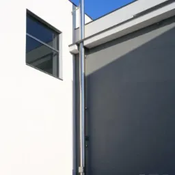 Zewnętrzna instalacja kominowa ze stali nierdzewnej, przymocowana do ściany budynku z oknem. Na dole widoczne rury kominowe.