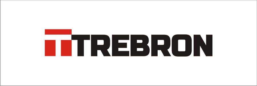 Logo firmy Trebron: Czerwony symbol z czarnym napisem TREBRON na białym tle. Minimalistyczny design, wyraźna typografia.