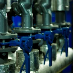 Szereg metalowych rur z niebieskimi zaworami, owiniętych folią izolacyjną. Widoczne łączenia i śruby. Elementy instalacji w pomieszczeniu technicznym.