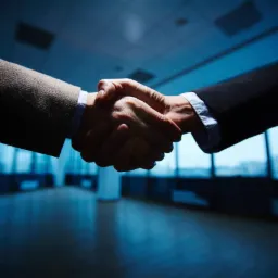 Uścisk dłoni dwóch osób w garniturach na tle przeszklonego biura. Kontrakt, porozumienie, współpraca w odcieniach błękitu i szarości.