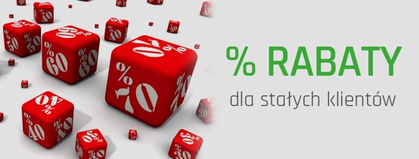 Grafika z czerwonymi kostkami z procentami rabatu, zielony napis '% RABATY' dla stałych klientów na jasnoszarym tle.
