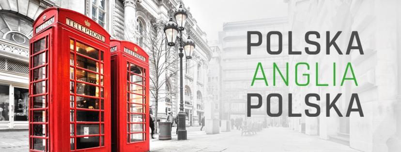 Dwie czerwone budki telefoniczne w Londynie, na tle ulicy i budynku. Grafika z napisem Polska Anglia Polska, sugerująca transport między krajami.