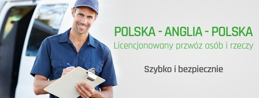 Uśmiechnięty mężczyzna w uniformie z notesem przed busem. Napis: Polska-Anglia-Polska, licencjonowany przewóz osób i rzeczy. Szybko i bezpiecznie.