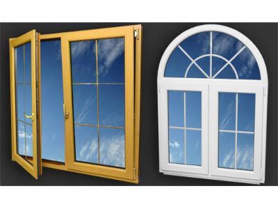 Dwa okna: jedno drewniane, otwarte, z widokiem na błękitne niebo, drugie białe, z łukowym górnym panelem, zamknięte.