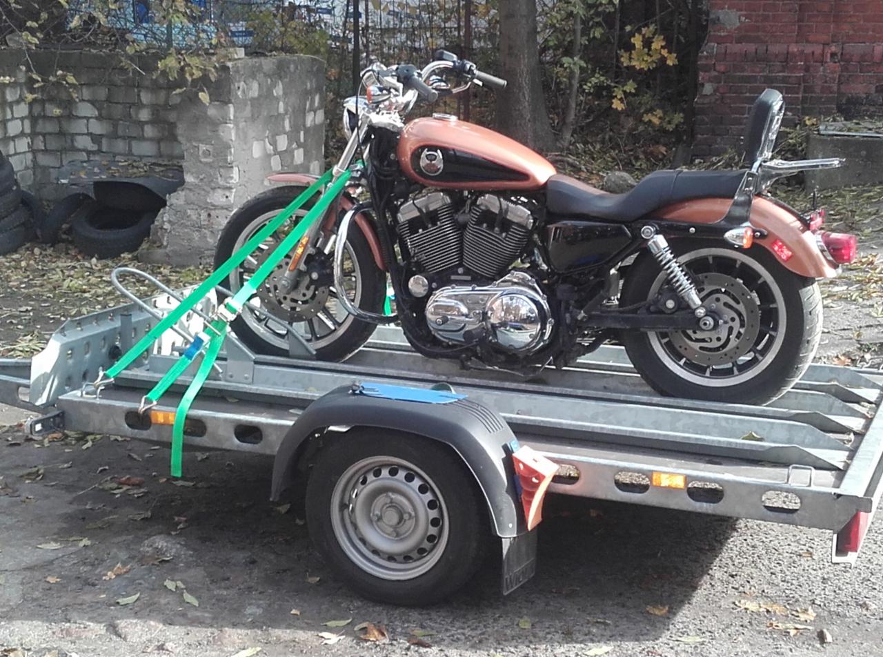 Brązowy motocykl Harley-Davidson zabezpieczony zielonymi pasami na metalowej przyczepie. W tle widoczny fragment ceglanego muru i drzewa.