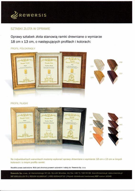 Drewniane ramki o wymiarach 18x13 cm, prezentujące różne profile i kolory opraw sztabek złota, z widocznymi przekrojami profili.