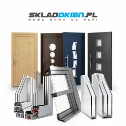 Kompozycja produktowa: przekroje ram okiennych z szybami zespolonymi na pierwszym planie, w tle cztery różne drzwi zewnętrzne, u góry logo firmy SKLADOKIEN.PL.