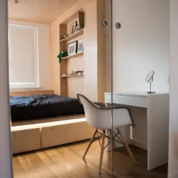 Kompaktowa sypialnia z wbudowanym łóżkiem z szufladami i oświetleniem LED, biurko z lusterkiem, białe krzesło Eames, widok przez szklaną ścianę.