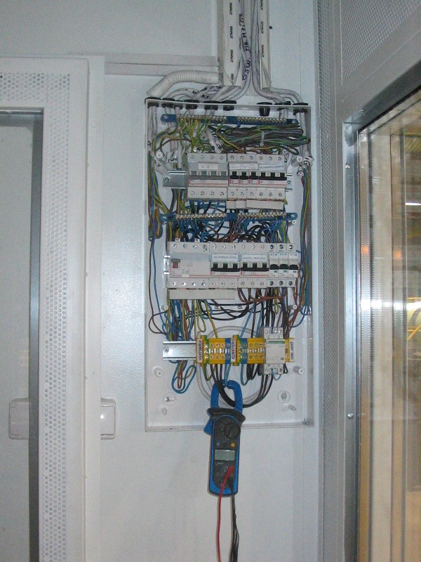 Otwarta skrzynka elektryczna z bezpiecznikami i przewodami, pomiar prądu cęgowym miernikiem. Widoczne kable w peszlach. Białe ściany i drzwi.