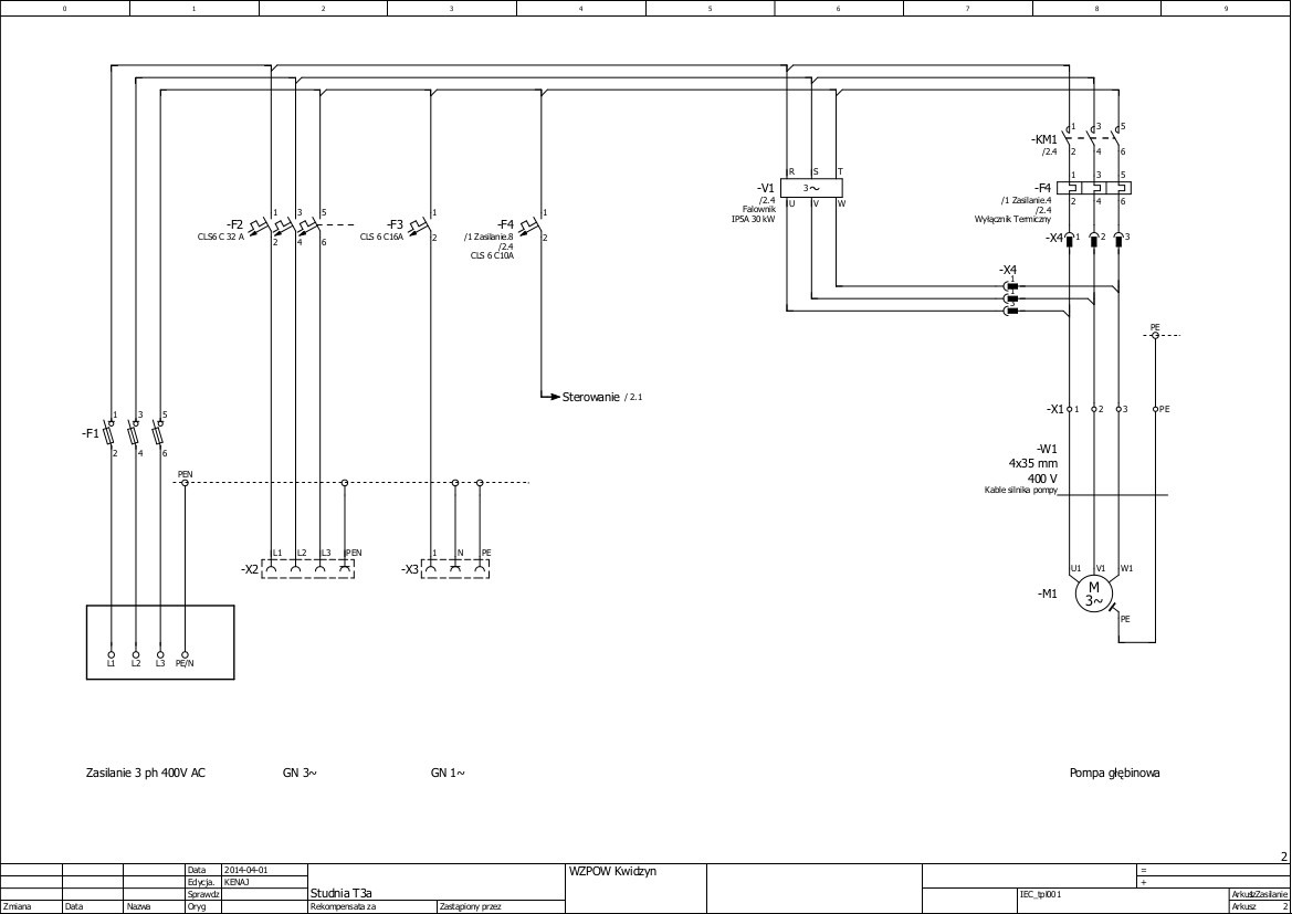 Schemat elektryczny pompy głębinowej z oznaczeniami elementów: falownik, wyłącznik termiczny, kable silnika. Widoczne zasilanie 3-fazowe 400V AC. Rysunek techniczny.