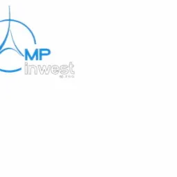 Niebieskie logo firmy MP Inwest sp. z o.o. z abstrakcyjnym symbolem i nazwą firmy, umieszczone na białym tle. Prosty, minimalistyczny design.