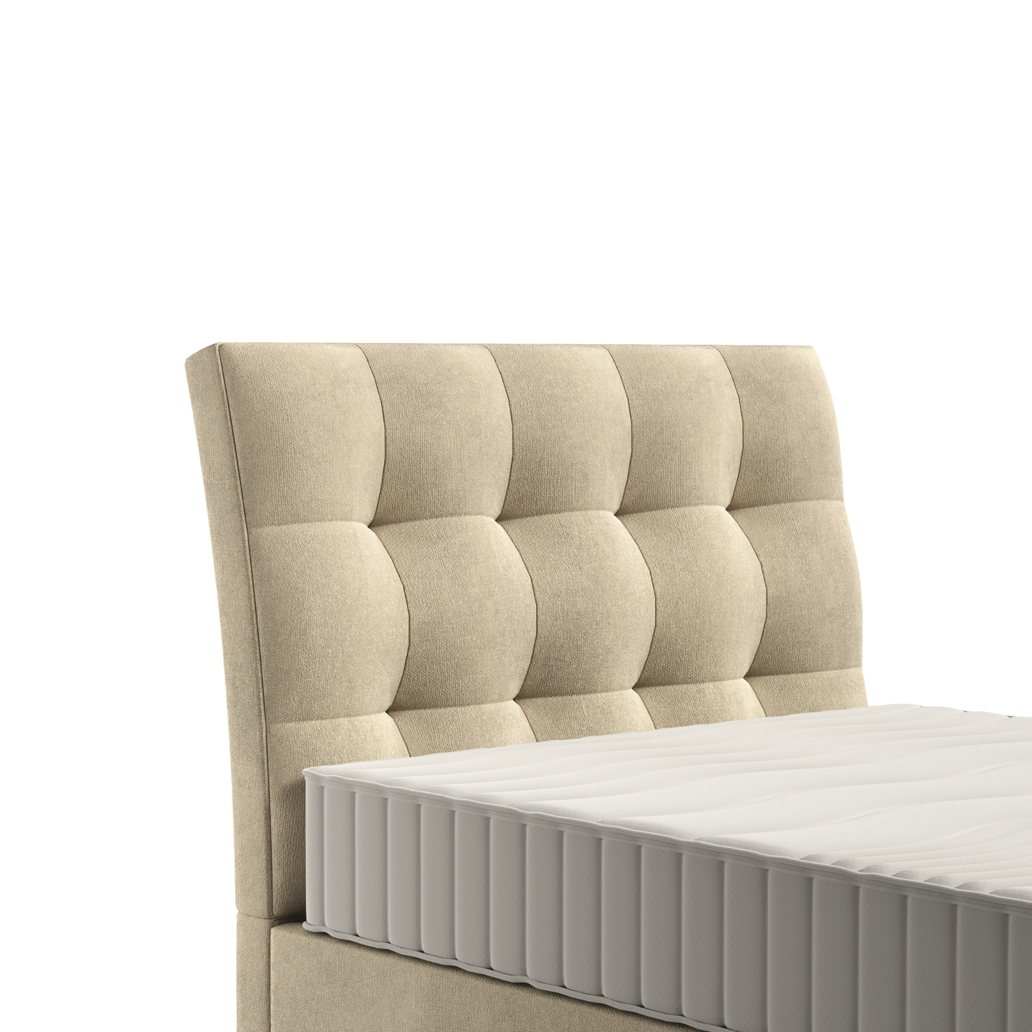 Beżowe łóżko tapicerowane z pikowanym zagłówkiem i białym materacem, widok z boku.