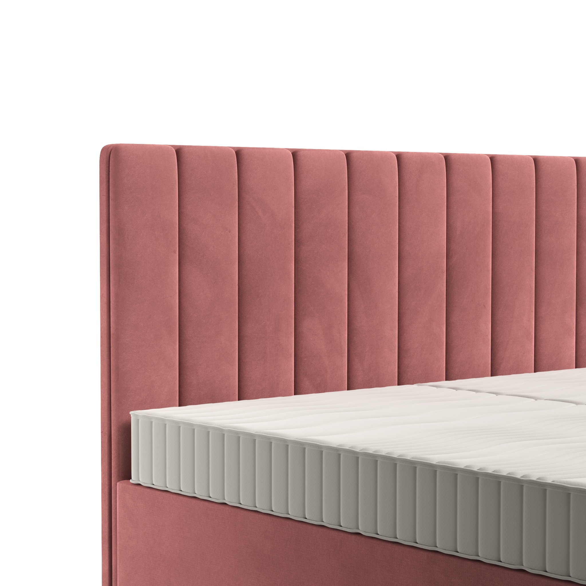 Różowa, tapicerowana rama łóżka z pionowymi przeszyciami i materacem na białym tle.
