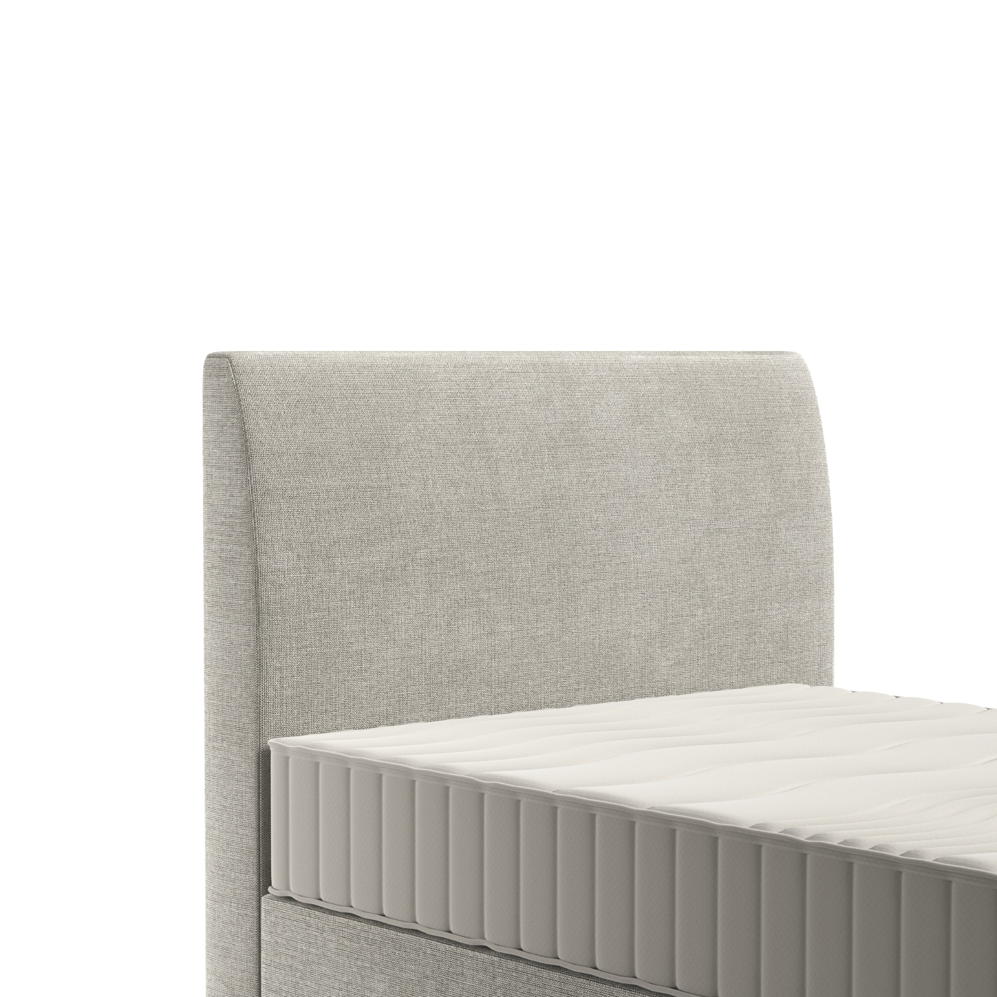 Fragment łóżka tapicerowanego z beżową tkaniną i materacem sprężynowym, widok z bliska na wezgłowie i bok materaca.