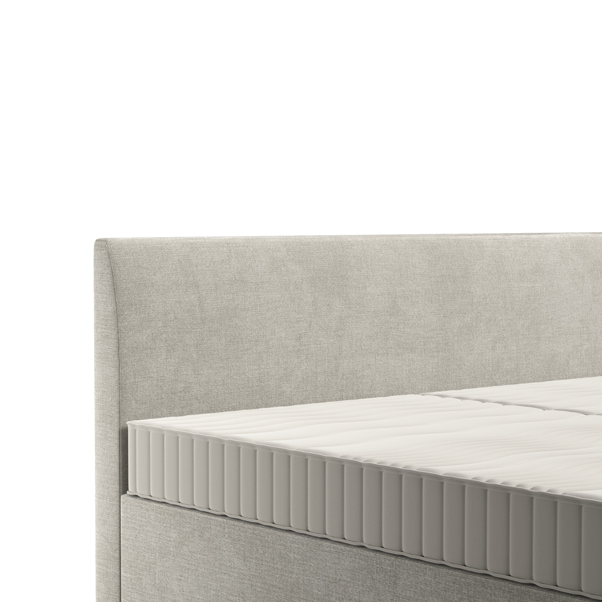 Fragment tapicerowanego łóżka z beżową ramą i materacem z pionowymi przeszyciami, widok z boku.