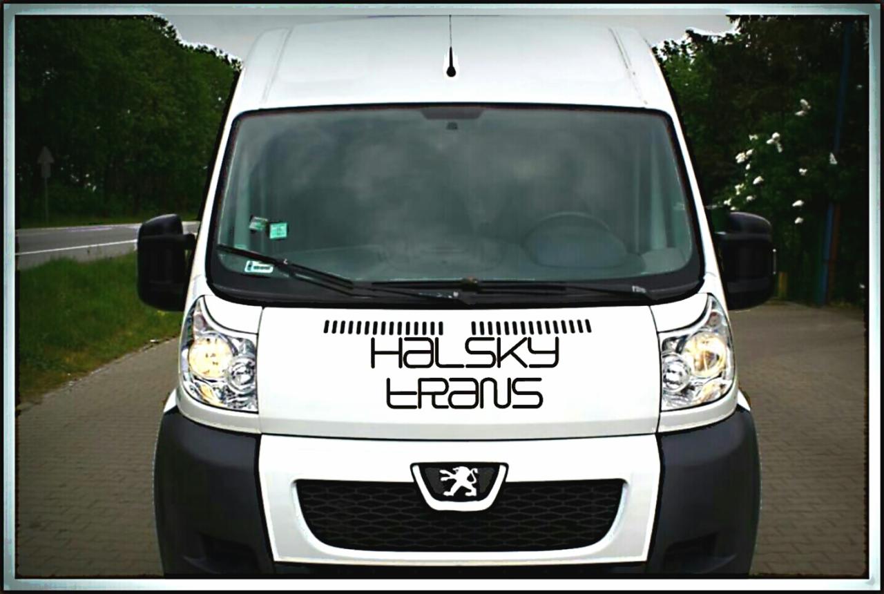 Biały bus marki Peugeot z czarnym napisem „HALSKY TRANS” na masce, widziany z przodu na tle zieleni i drogi. Reflektory włączone, widoczny znak firmowy.