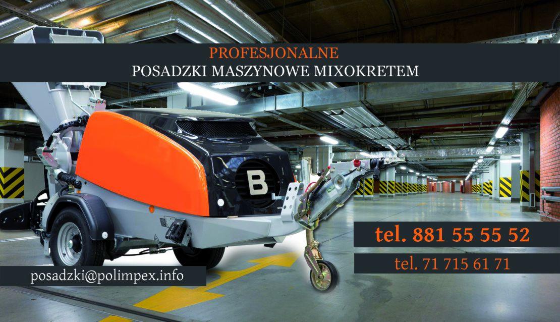 Mixokret - maszyna do posadzek maszynowych na tle parkingu podziemnego. Widoczne numery kontaktowe i adres e-mail firmy.