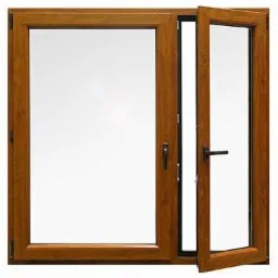 Dwuskrzydłowe okno z brązową ramą, jedno skrzydło otwarte, widoczna klamka i zawiasy.