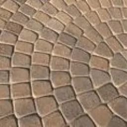 Wzór ułożenia kostki brukowej w kształcie wachlarza, wykorzystujący odcienie brązu i beżu, z widoczną teksturą poszczególnych elementów.