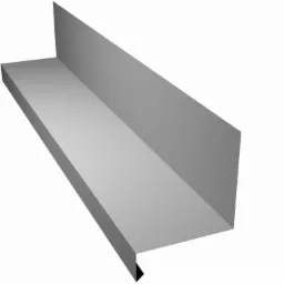 Szara obróbka blacharska w kształcie litery L, widoczna z perspektywy, na białym tle.