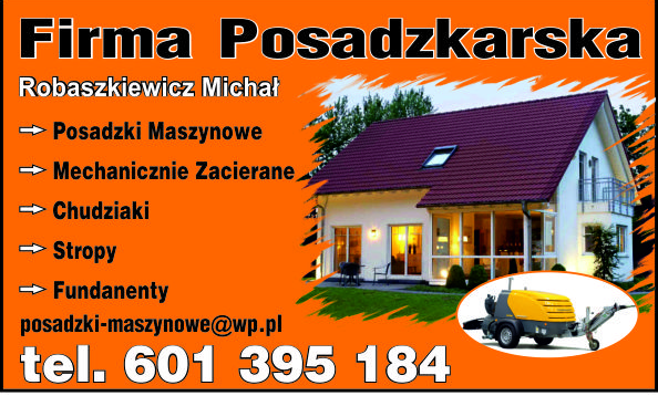 Pomarańczowa wizytówka firmy posadzkarskiej z adresem e-mail, numerem telefonu, zdjęciem domu i maszyny do posadzek maszynowych.