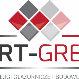 Logo firmy Art-Gres z motywem rombów w odcieniach szarości i czerwieni, oferującej usługi glazurnicze i budowlane. Czcionka prosta, nowoczesna.