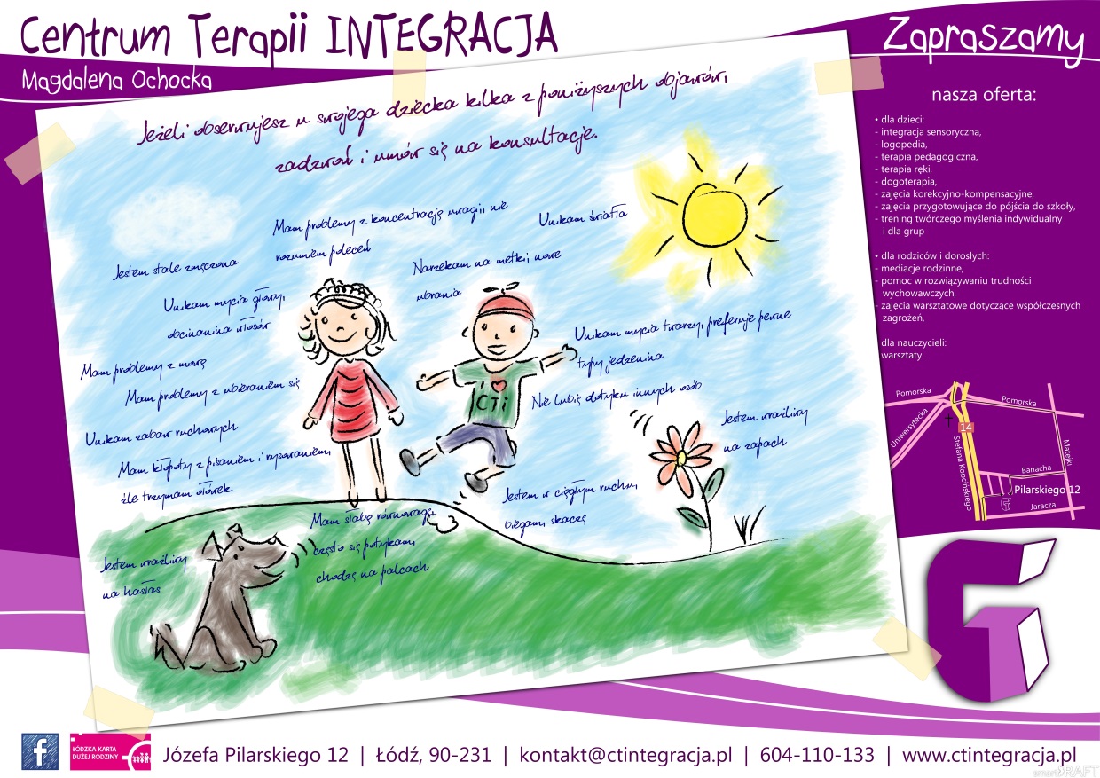 Ręcznie rysowana oferta Centrum Terapii Integracja w Łodzi, z ilustracjami dzieci, kwiatów i psa, oraz listą usług terapeutycznych i adresem.