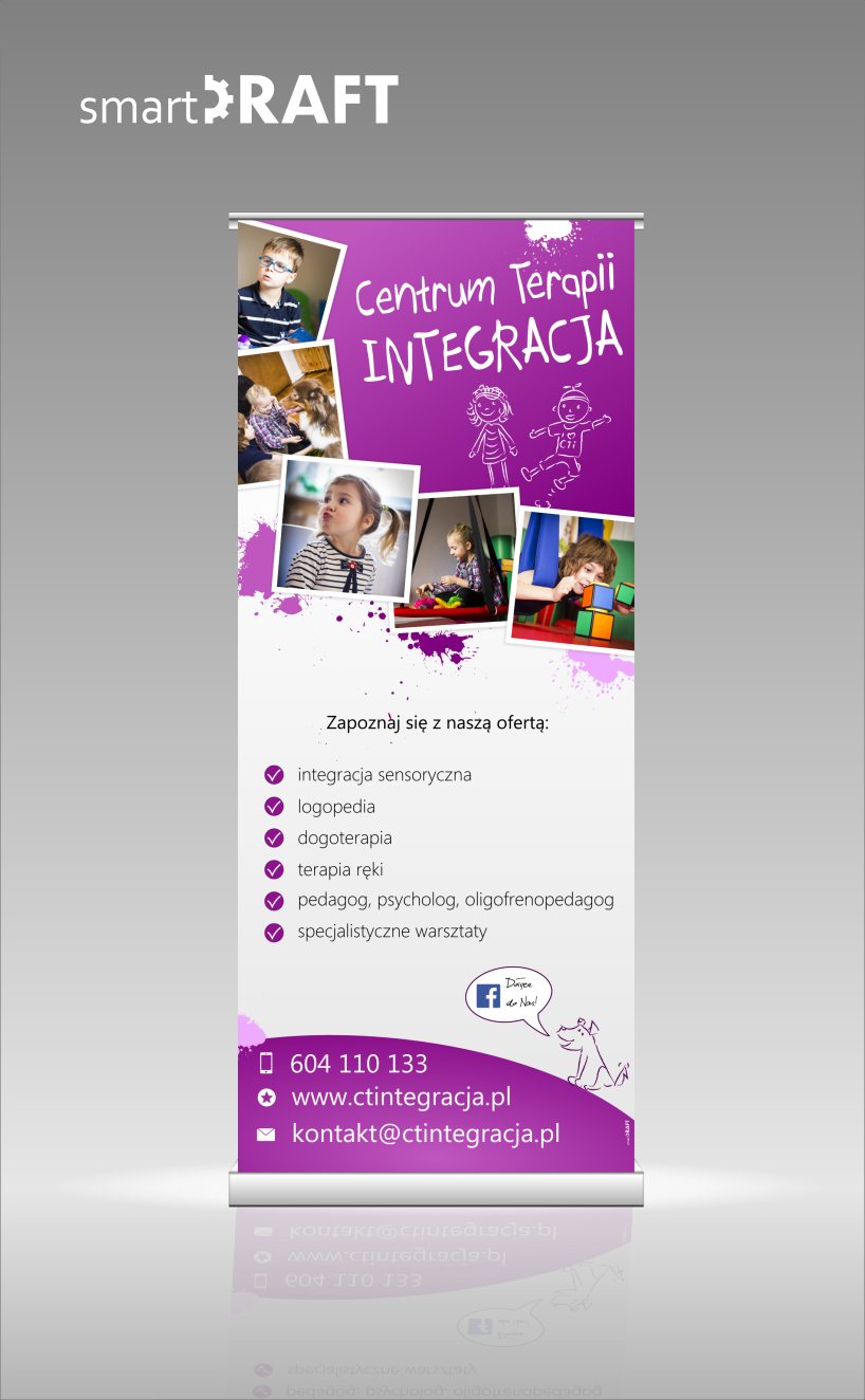 Roll-up reklamowy Centrum Terapii Integracja z ofertą: integracja sensoryczna, logopedia, dogoterapia, terapia ręki, pedagog, psycholog, oligofrenopedagog, warsztaty.
