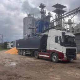 Ciężarówka Volvo FH wyładowuje kukurydzę na tle przemysłowego elewatora zbożowego w pochmurny dzień. Widoczne ślady opon na ziemi i silosy w tle.