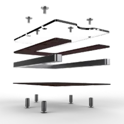 Rozłożony model 3D konstrukcji z metalu, drewna i przezroczystego tworzywa, ukazujący elementy składowe i ich wzajemne relacje, na białym tle.