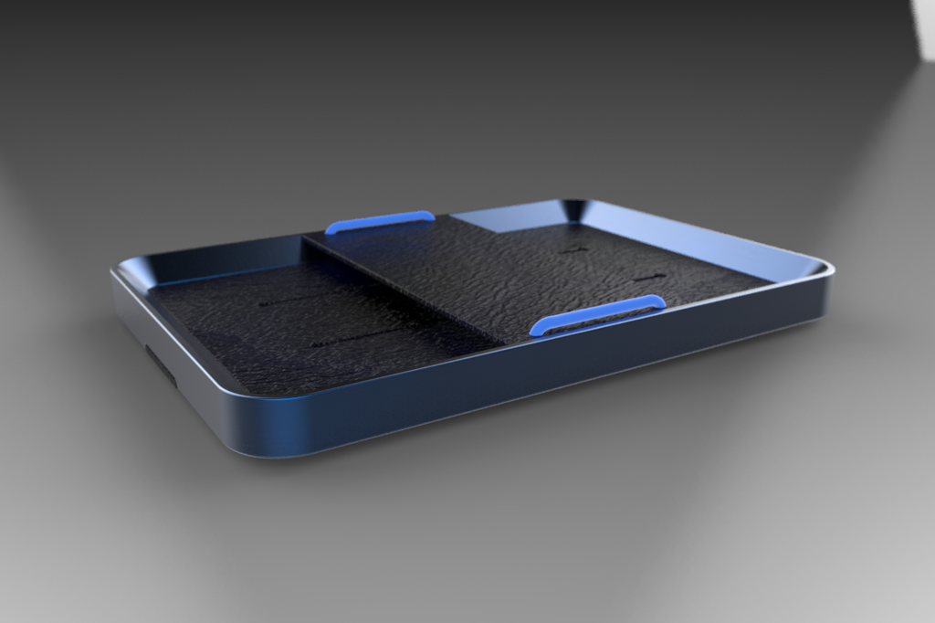 Czarny, teksturowany organizer z niebieskimi akcentami, render 3D. Widok z perspektywy, stonowane oświetlenie, gładkie krawędzie.