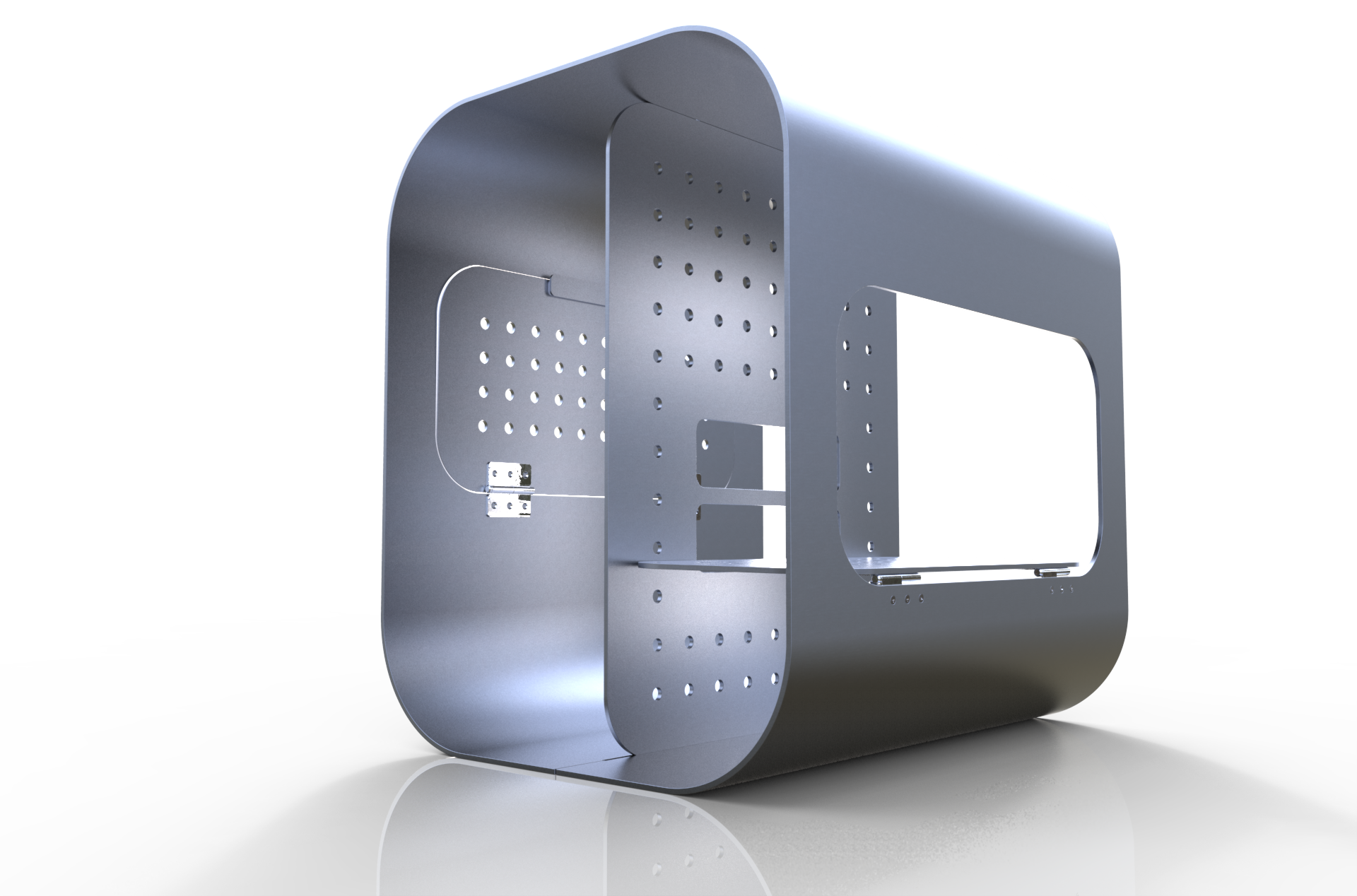 Model 3D obudowy urządzenia z otworami i elementami mocującymi, wykonany z metalicznego materiału, ukazany w neutralnym oświetleniu.