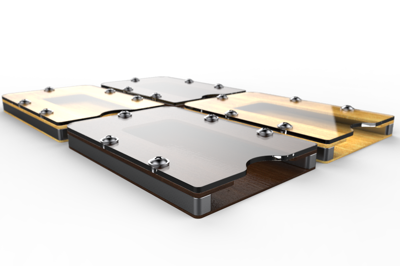 Render 3D: Cztery drewniane i szklane podstawki, każda przymocowana śrubami, ułożone blisko siebie na szarym tle, tworząc geometryczny wzór.