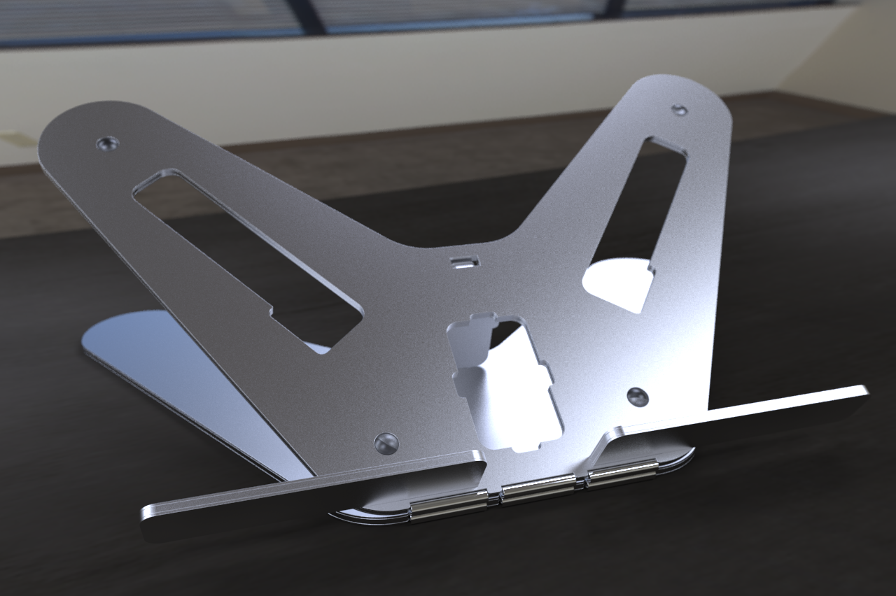 Metalowy, składany stojak na biurko, z otworami i nitami, prezentowany w renderze 3D na ciemnym blacie, z widocznym oświetleniem górnym.