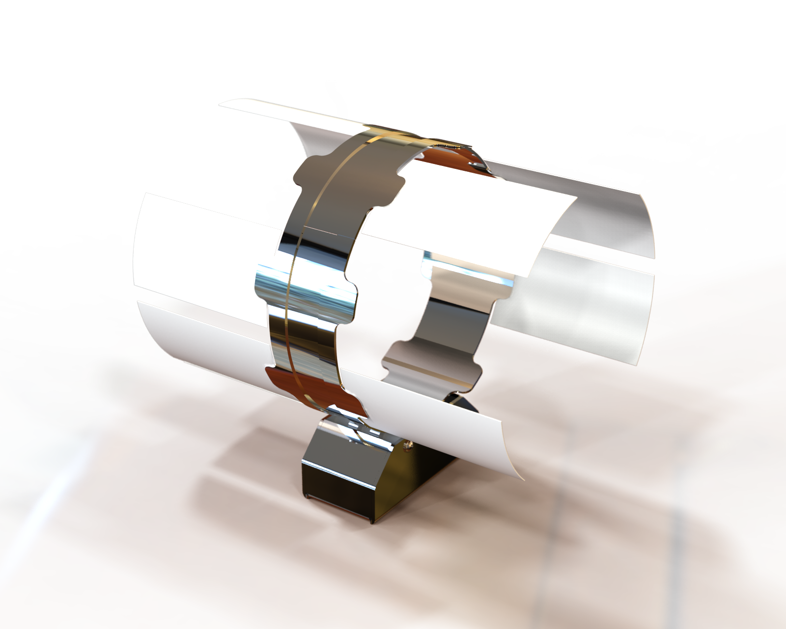 Abstrakcyjna, błyszcząca rzeźba z białych i srebrnych elementów na drewnianym stole, z krzesłem w tle. Nowoczesny design, odbicia światła, render 3D.