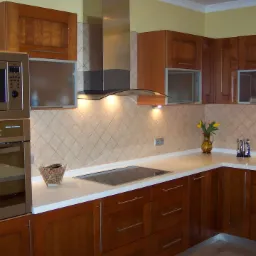 Kątowe ujęcie klasycznej, brązowej kuchni z drewnianymi frontami, białym blatem i beżowymi kafelkami. Widoczny piekarnik, mikrofalówka i okap.