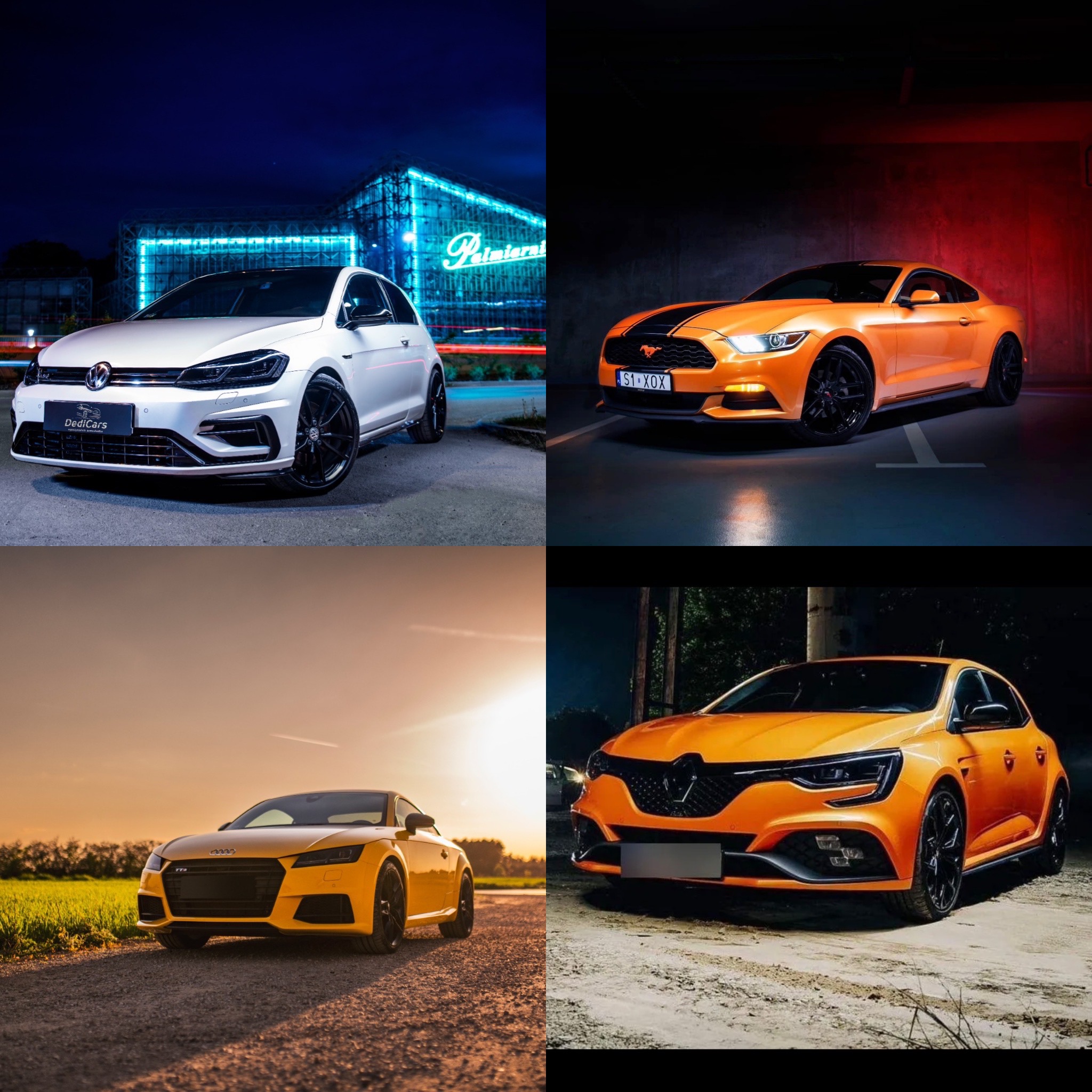 Kompozycja czterech samochodów: biały Volkswagen Golf na tle podświetlonego budynku, pomarańczowy Ford Mustang w garażu, żółte Audi TT na polnej drodze o zachodzie słońca i pomarańczowy Renault...