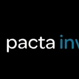 Logo firmy Pacta Invest na czarnym tle, z białym symbolem P i niebieskim elementem wewnątrz oraz niebieskim napisem 'invest'.